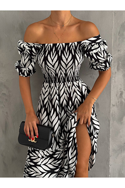 KAŞİHA Black and White Patterned - Gipsy Watermelon Sleeve Viscose Fabric Ant...
