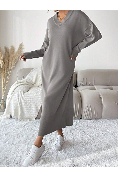 MAXXANA V Yaka Uzun Mom Triko Elbise