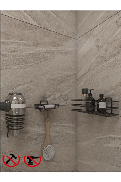 BUSEMSİ HOME SİYAH 3LÜSET Yapışkanlı Banyo Düzenleyici Raf - Yapışkanlı Kanca...