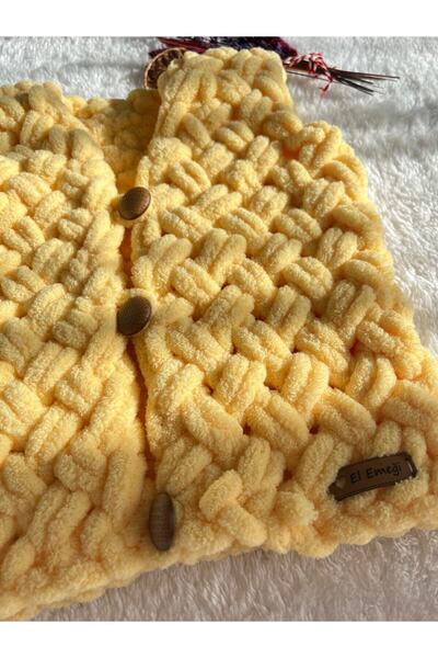 Alize Puffy fine Limon Rengi El Örgüsü Bebek Yeleği 0-2 Yaş