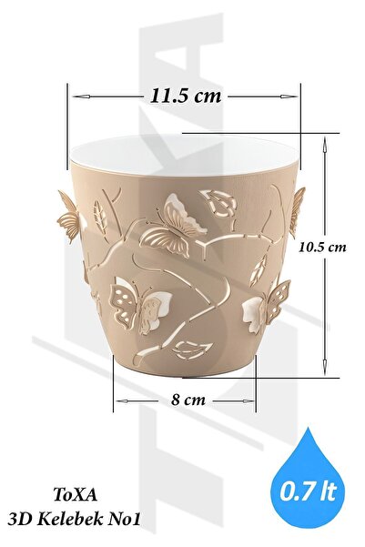 ToXA 0,7 Litre Yeşil 3d Kelebek Desenli Su Hazneli Dekoratif Plastik Saksı No1 Ø11,5x10,5cm