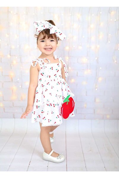 BESVİKA KİDS Girl's Cherry Patterned Dress Bandana Bag Set of 3