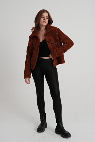 Modazeyosh سترة نسائية قطيفة بلون القهوة - بأزرار