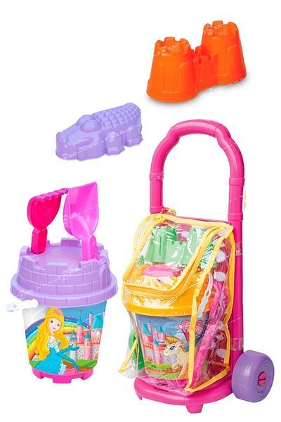 ToXA Girl's Beach Bucket Pull Pull Set Wheel Cart Sea Sand Rake Shovel Mold Strainer Trolley 03863