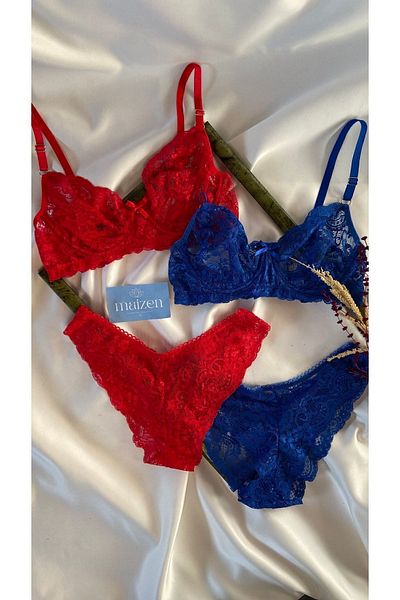 MAİZEN Women's Non-Padded Underwire 2-Piece Red Blue Lace Bra Set