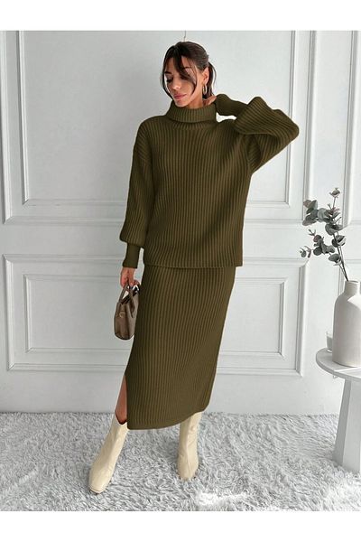 MAXXANA Corded Winter knitwear Set - Thick Turtleneck, Slit Detail and Rubber Waist Skirt