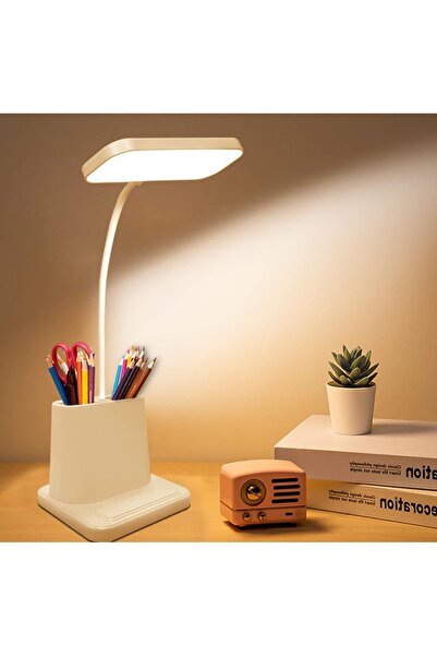 Store Led Masa Lambası Beyaz 360 Derece Dönebilir Dokunmatik Tuşlu Kalemlikli Lithium Bataryalı