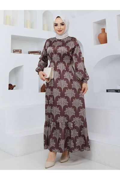 She Olive Σατέν Φόρεμα - Σχέδιο Φύλλων, Καφέ