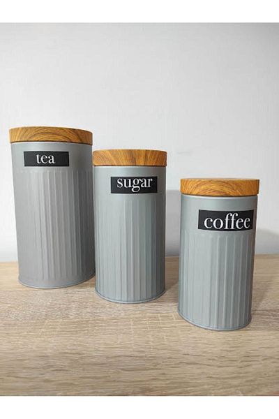 MorzaHome Gray Bamboo Look Lid 3-Piece Metal Jar