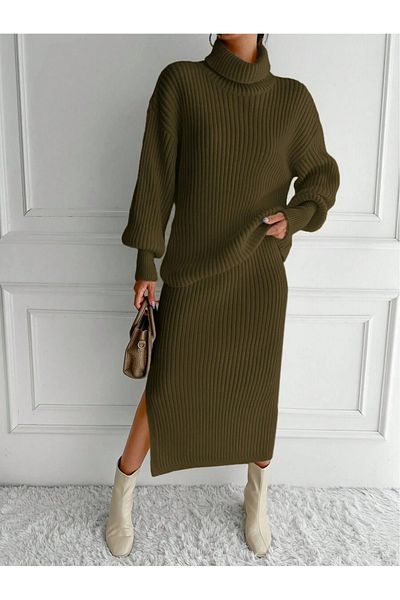 MAXXANA Corded Winter knitwear Set - Thick Turtleneck, Slit Detail and Rubber Waist Skirt