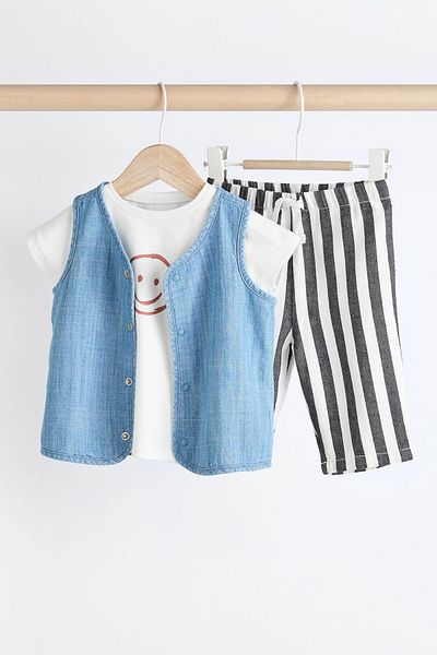 Next Baby Algodon Smile Patterned Short Sleeve Jeans Vest - Striped Jogger Pants 3 Piece Set