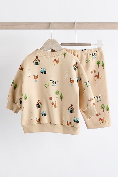 Next Baby Cotton Cream Farm Patterned Sweatshirt Jogger Bottom Top Set