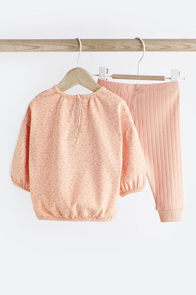Next Baby Cotton Peach Pink Tavglory Patterned Long Sleeve Bottom Top Set