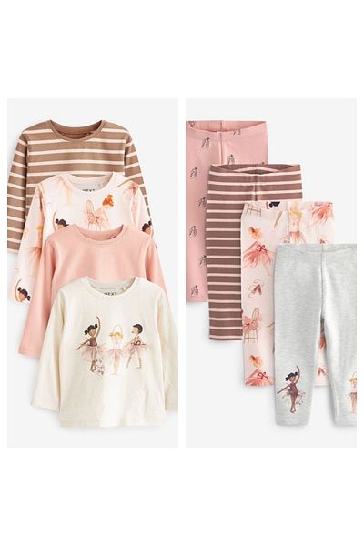 Next Baby Cotton Cream Ballerina Patterned Long Sleeve Tight 4-Piece Bottom Set