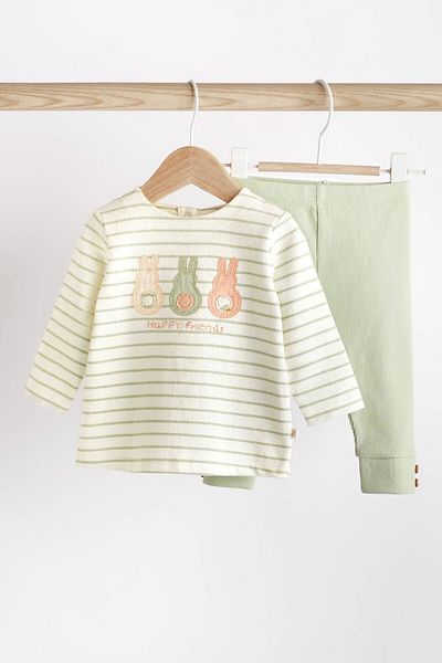 Next Baby Cotton Green Rabbit Patterned Long Sleeve Bottom Top Set