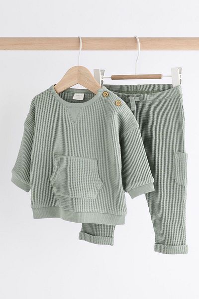 Next Baby Cotton Green Textured Long Sleeve Jogger Bottom Top Set