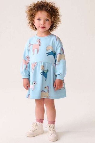 Next Baby Cotton Blue Animal Patterned Long Sleeve Dress
