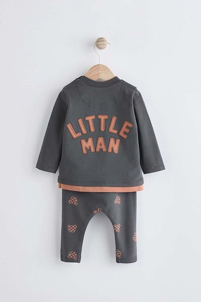 Next Baby Cotton Black Brown Bear Patterned Long Sleeve Bottom Top Set