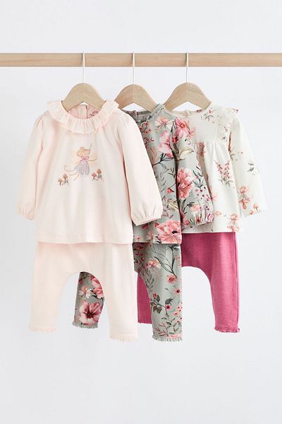 Next Baby Algodon White Green Fairy Patterned 3-Piece Manga Olak Set