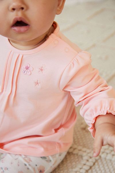 Next Baby 100% Cotton Pink Floral Print Long Sleeve Bottom Top Set