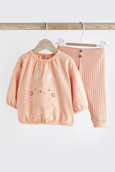 Next Baby Cotton Peach Pink Tavglory Patterned Long Sleeve Bottom Top Set