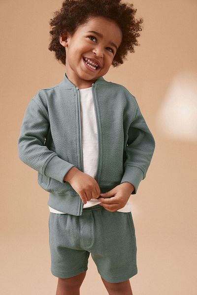 Next Baby Almond Sea Blue Cotton Long Sleeve Jacket with Zipper Shorts Set