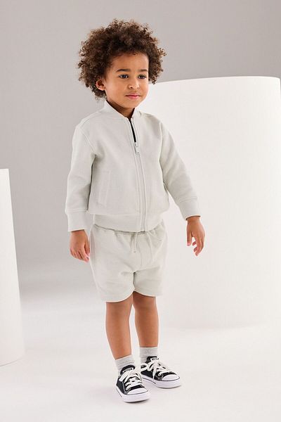 Next Baby Cotton Gray Long Sleeve Jacket Shorts Bottom Top Set