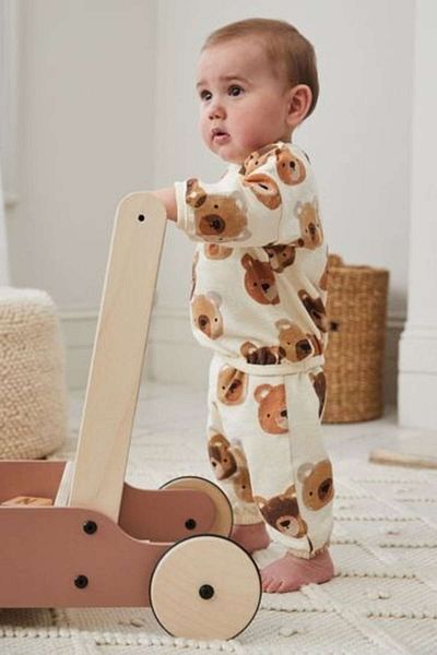 Next Baby Cotton Cream Teddy Bear Patterned Long Sleeve Bottom Top Set