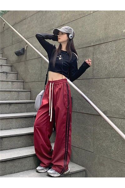 Touz Moda Unisex Y2K Λεπτομερές κόκκινο αθλητικό παντελόνι