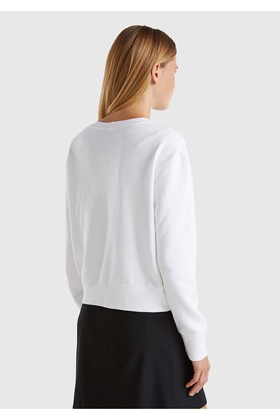 United Colors of Benetton White Crew Neck Sweatshirt - 100% Cotton, Logo Printed, Ribbed Women