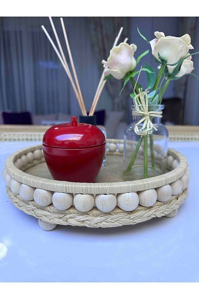 FN 25 cm Small Beaded Wooden Natural Raffia - Wicker Tray, Decorative Tray, Bathroom, Home Decor