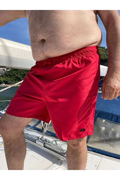 Miami Beach Erkek Büyük Beden Kırmızı Hızlı Kuruyan Kumaş Tek Arka Cepli Standart Boy Mayo Deniz Şortu