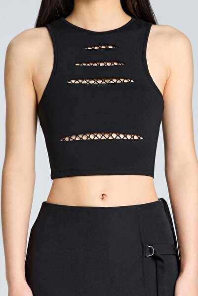 boutiquen 2663 Black Crop with Mesh Decollete