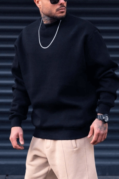 Millionaire Erkek Lacivert Basic 0 Sıfır Yaka Baskısız Düz Oversize Salaş Bol Kesim Polar Sweatshirt