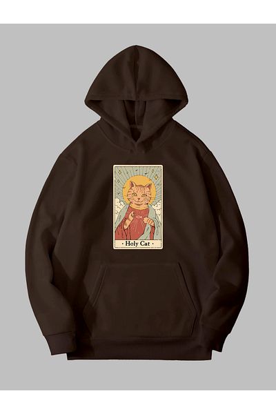 Harmandar Φούτερ Holy Cat Printed - Unisex καφέ με κουκούλα και τσέπη καγκουρό