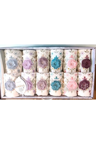 A.Z.H. Набір з 12 кадикових рушників з вишивкою 3D, ручної роботи, в подарунковій коробці - 6 шт. 50x90 см, 6 шт. 30x50 см