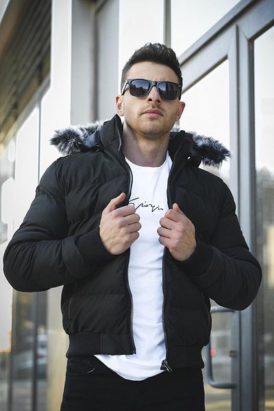 Oksit Ανδρικό δερμάτινο παλτό Mithil Slim Fit Slim Fit Carbon με γούνινη κουκούλα