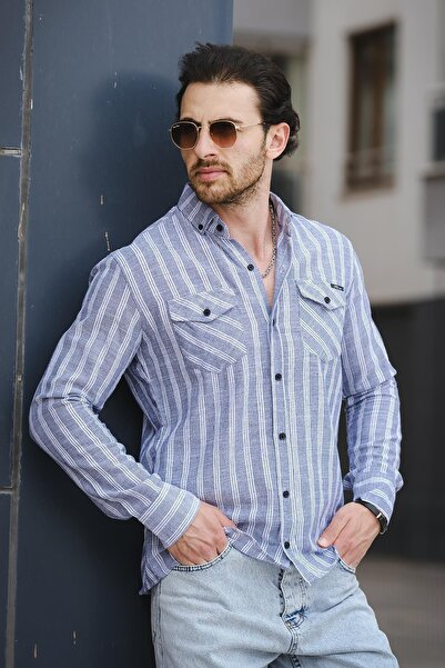 Oksit Yx 16794 Ανδρικό ριγέ πουκάμισο με διπλή τσέπη με λεπτή εφαρμογή