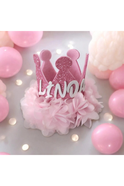 damlakidsmoda 1 yaş doğum günü tacı isimli parti tacı pembe parti şapkası