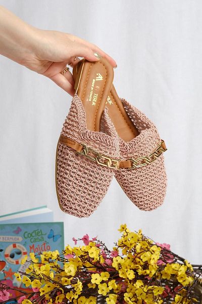 Oksit Γυναικείες παντόφλες Irene Gold Buckle Λεπτομερείς πλεκτές για το σπίτι και το εξωτερικό