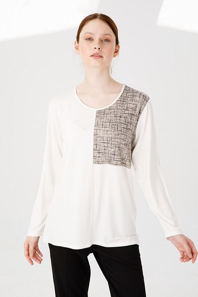 Desen Triko Women's Crew Neck Long Sleeve Fabric Combed Blouse Bone
