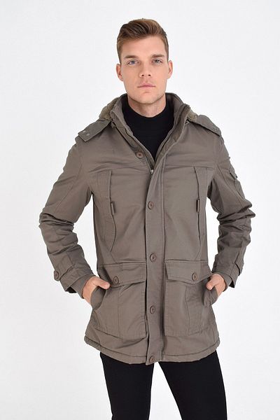 DYNAMO Men's Dark Beige Waterproof Coated Faux Fur Lined Thick Coat