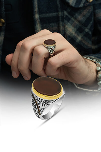 ALYANSEVİM Oval Akik Taşlı 925 Gümüş Erkek Yüzük