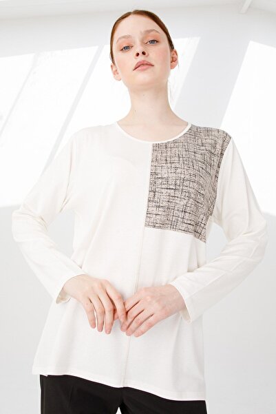 Desen Triko Γυναικεία χτενισμένη βαμβακερή μπλούζα με μακρυμάνικο ύφασμα με λαιμόκοψη