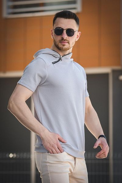 Oksit Ανδρικό μπλουζάκι με κουκούλα Valery Slim Fit με υφή με φερμουάρ