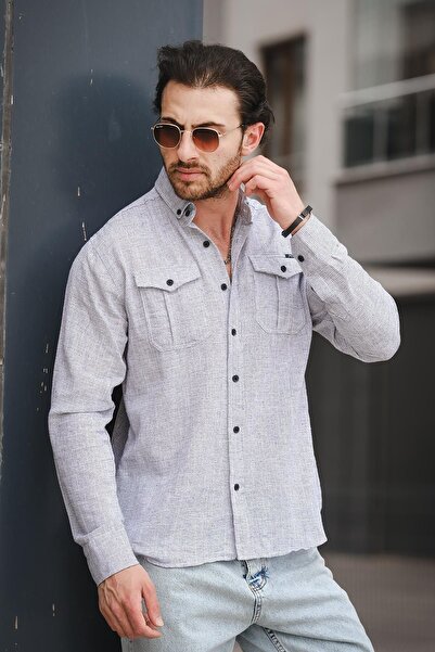 Oksit Yx 16686 Slim Fit Double Pocket Flap Linen Look Men's Shirt