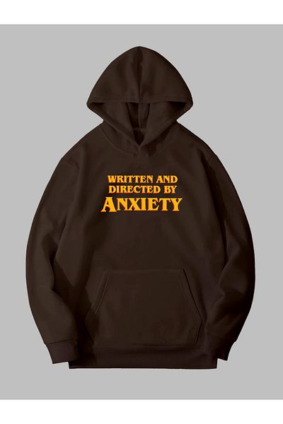 Harmandar Unisex φούτερ με κουκούλα σε καφέ χρώμα - Φούτερ με κουκούλα με τσέπη καγκουρό με στάμπα τριών κλωστών