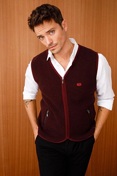 Desen Triko Men's Pique Woven Zippered Pocket Knitwear Vest Claret Red