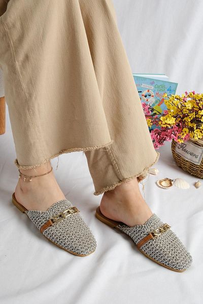 Oksit Γυναικείες παντόφλες Irene Gold Buckle Λεπτομερείς πλεκτές για το σπίτι και το εξωτερικό