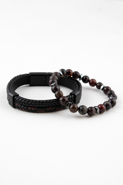 Sortie Aksesuar Hakiki Deri Ve Doğal Taş Erkek Kombin Bileklik Seti 076